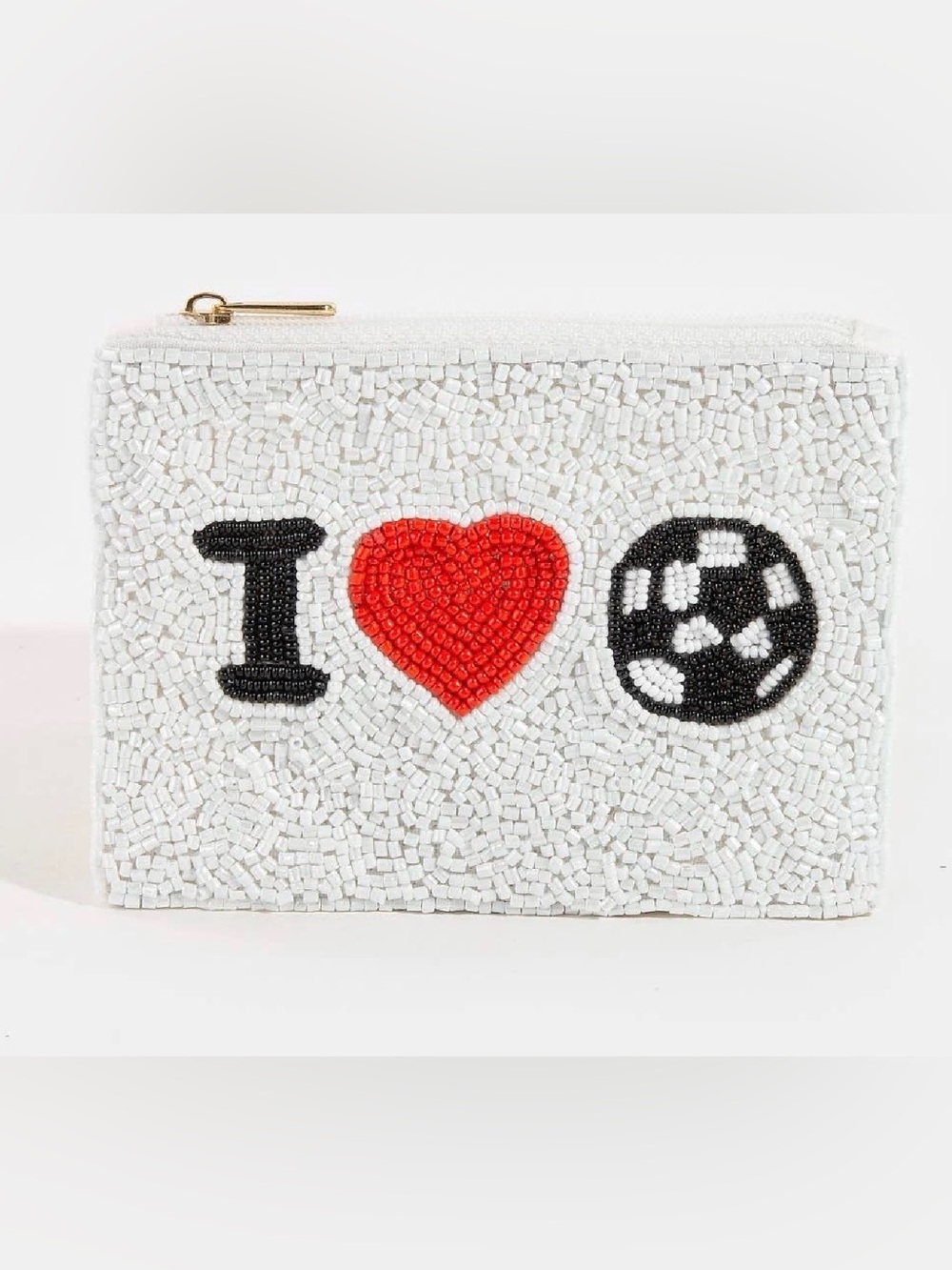 Beaded 'I ♥ Soccer' White Zip Pouch Wallet
